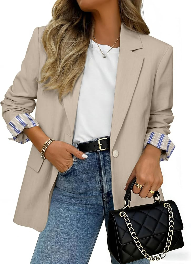 Simplee Blazer for Women Casual Long Sleeve Work Business Blazers Striped Cuff Suit Jacket with P... | Amazon (US)