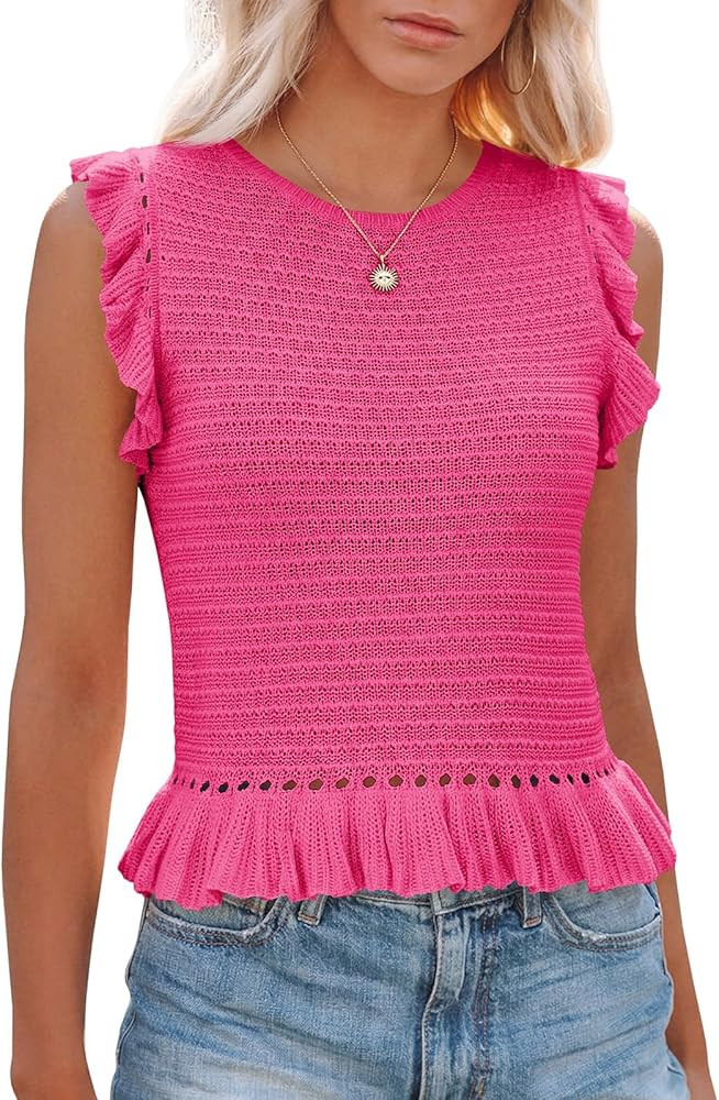 PiePieBuy Women's Summer Knit Tank Tops Crew Neck Sleeveless Cami Shirts Tees Ruffle Sweater Vest | Amazon (US)