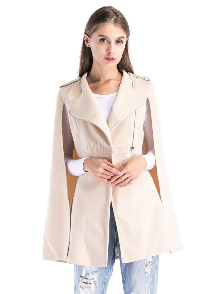 Women Poncho Coat Tweed Long Sleeve Turndown Collar Ecru White Winter Cape Coat | Milanoo