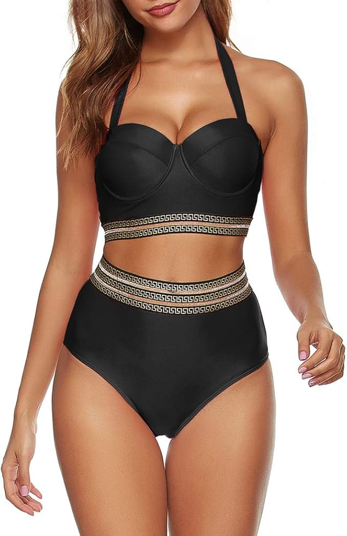Urchics Womens Retro Halter Two Piece Bikini Set High Waist Swimsuit Bathing Suit | Amazon (US)