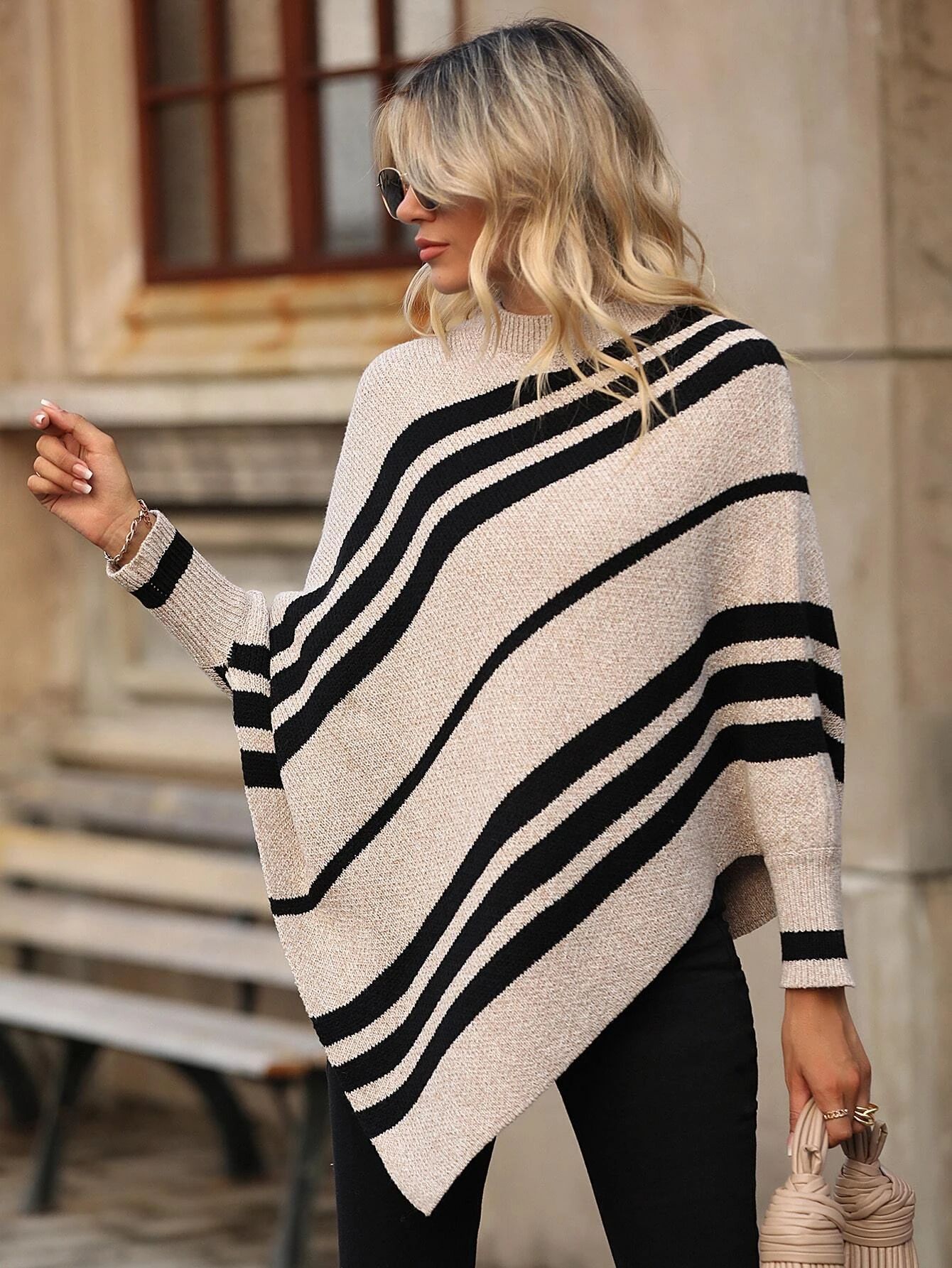 SHEIN LUNE Striped Pattern Asymmetrical Hem Poncho Sweater | SHEIN