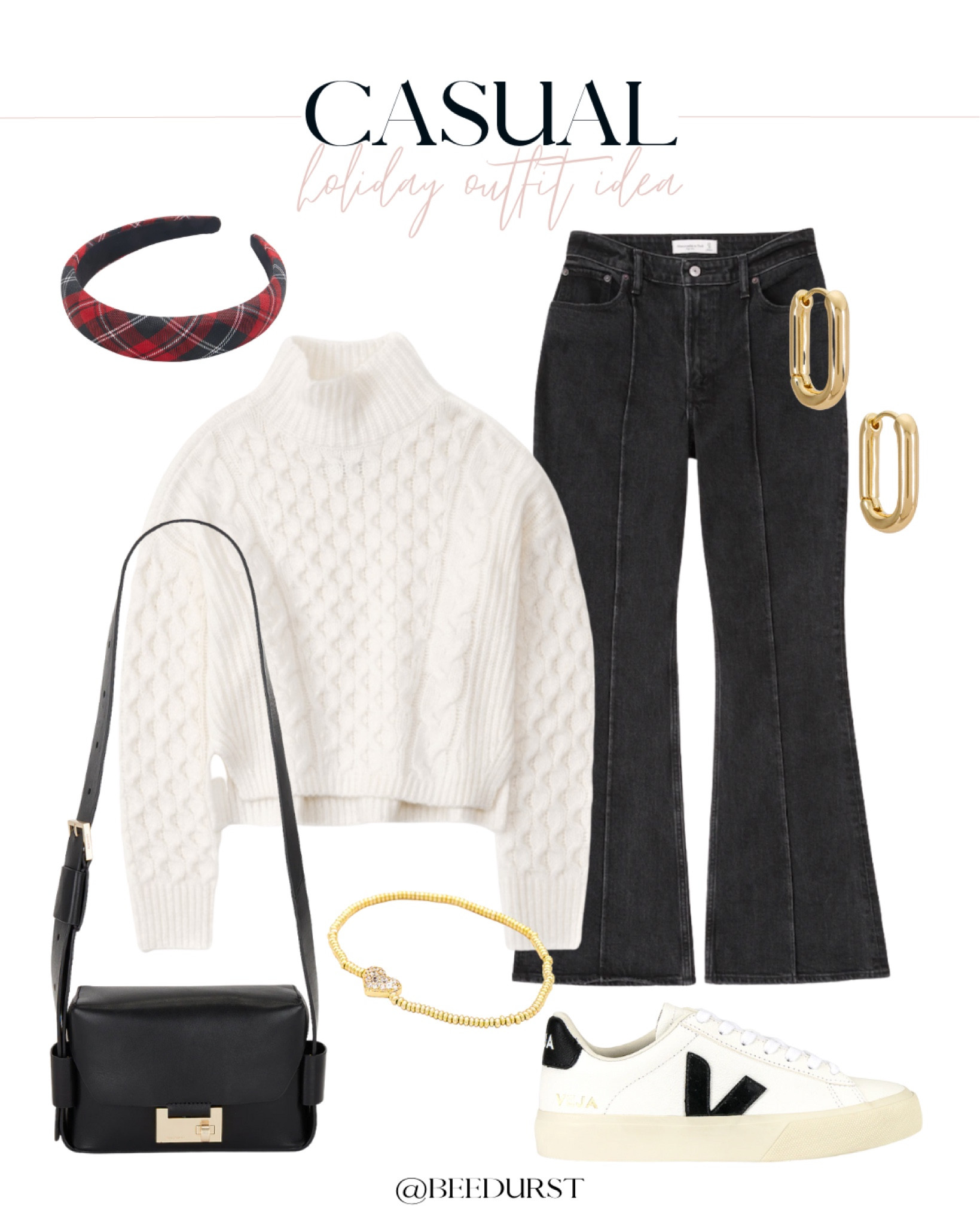 Casual holiday outfit idea, holiday outfit idea, winder outfit idea, flare jeans, plaid headband, tartan headband, cable knit sweater, casual winter outfit idea

#LTKitbag #LTKshoecrush #LTKSeasonal