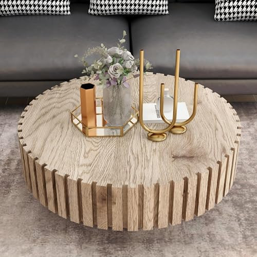 BSYEIO Round Wood Coffee Table for Living Room Modern Rustic Fluted Solid Wood Coffee Table Pedestal Center Table Circle Tea Tables for Apartment Easy Assembly(31.5''Oak Natural) | Amazon (US)
