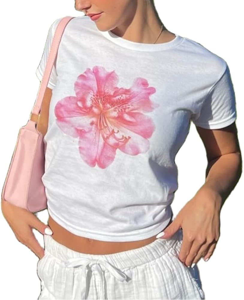 Women Y2k Short Sleeve Baby Tees Floral Graphic Print Crop Top Cute Slim Fit T Shirt Going Out St... | Amazon (US)