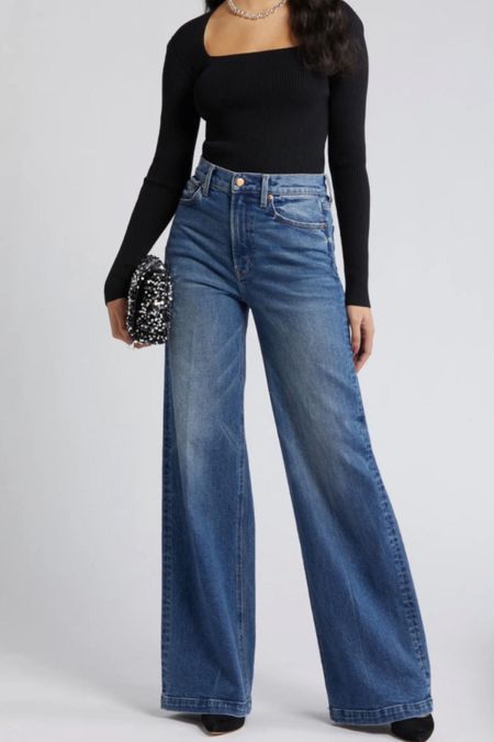Black top
Jeans 
Denim
Wide leg jeans
Wide leg denim 

Date night outfit
Spring outfit
#Itkseasonal
#Itkover40
#Itku

#LTKfindsunder100