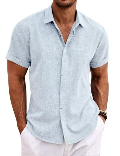 COOFANDY Men's Linen Shirts Short Sleeve Casual Button Down Shirt for Men Untucked Shirt Summer Vacation Blue | Amazon (US)