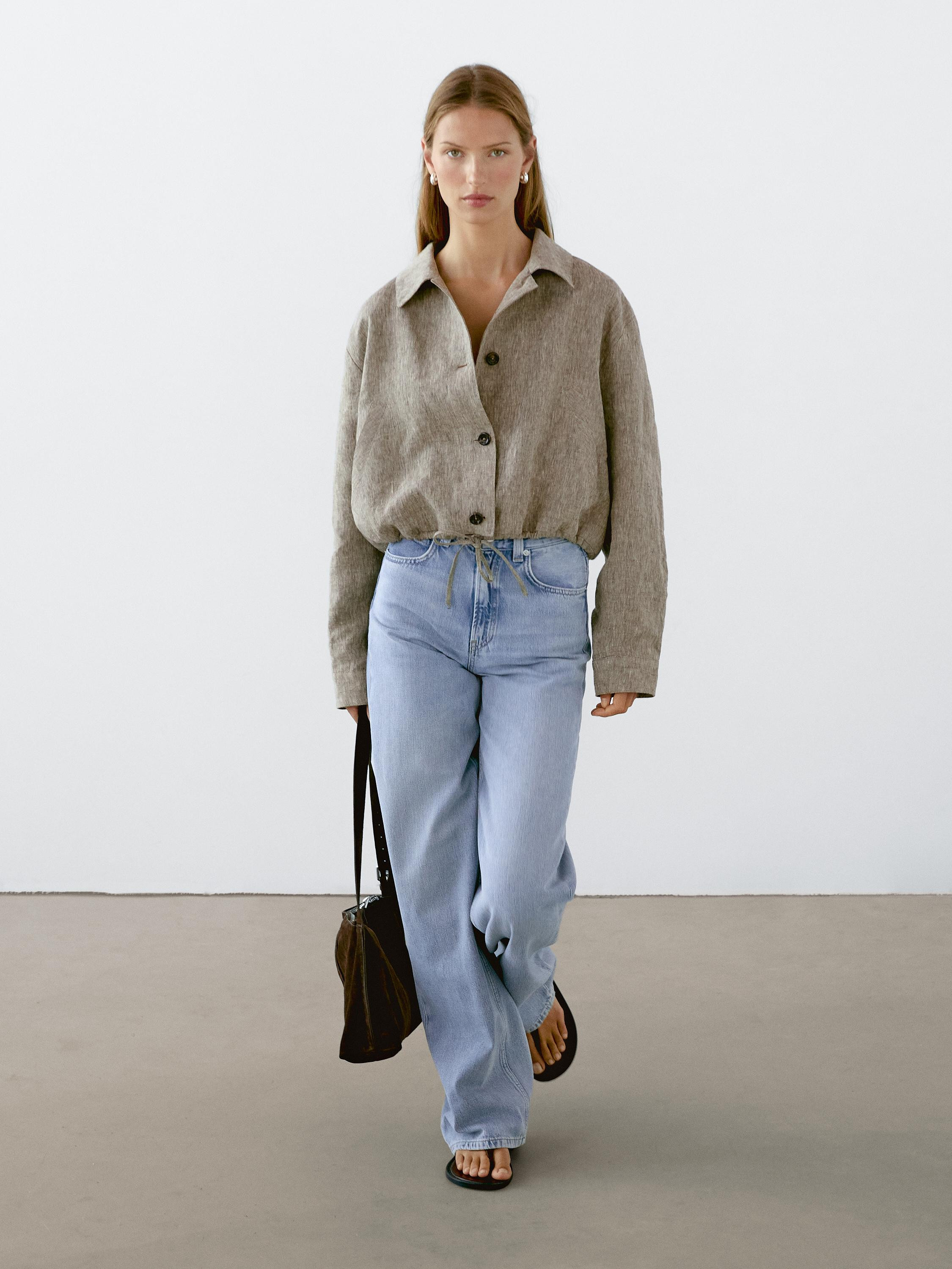 Bomber jacket made of 100% linen fabric. Shirt collar. Long sleeves. Adjustable drawstring waist.... | Massimo Dutti UK