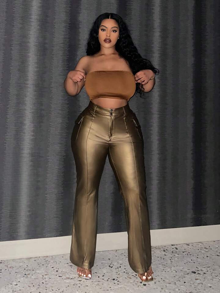 SHEIN Slayr Plus Size Solid Color Pu Leather Pants | SHEIN