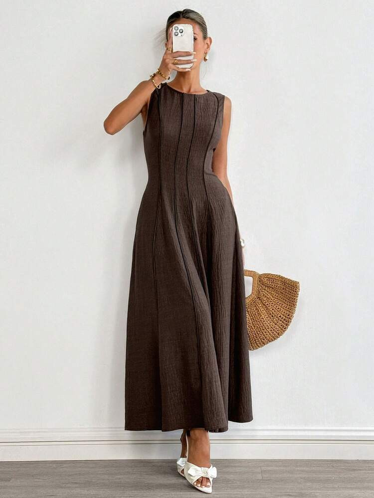 Siren Gaze Women's Minimalist Linen Sleeveless Brown Dress For Spring/Summer, Three-Dimensional Cut Slimming Long Dress, Elegant Casual Vacation Midi Dress Brown Elegant Dress Women Casual Long Dress | SHEIN