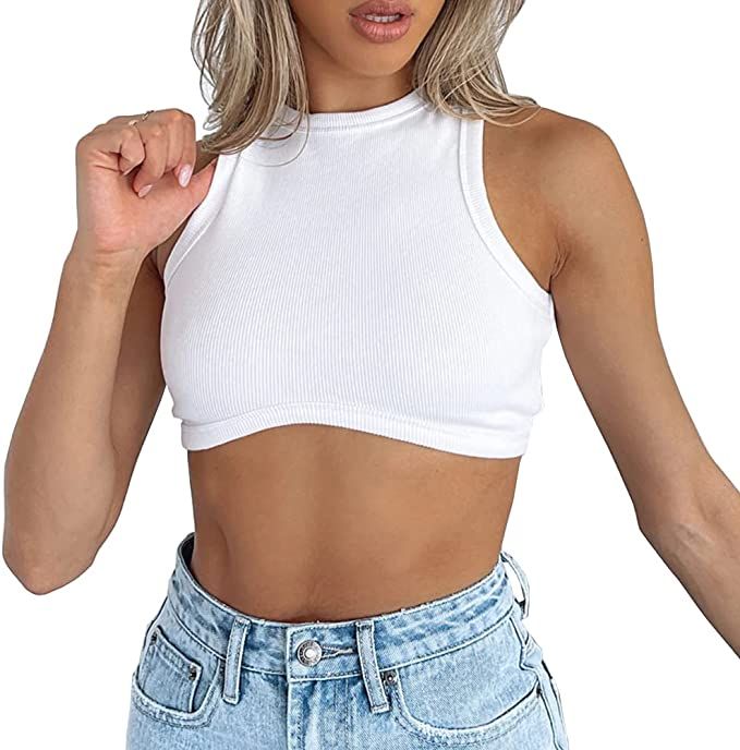 Dwnval Sexy Sleeveless Crewneck Ribbed Knitted Tank Crop Tops for Women | Amazon (US)