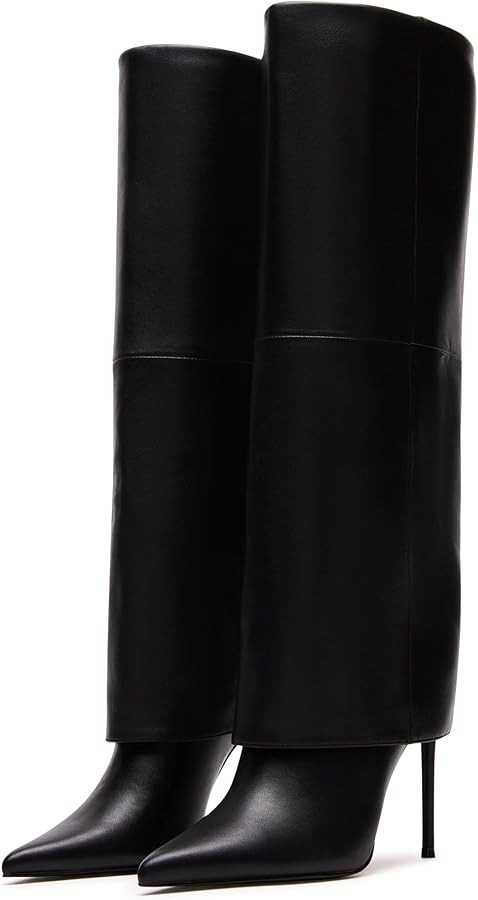 KaroNairy Women’s Knee High Boots, Fold Over Tall High Heel Boots Stiletto Pointed Toe Fashion ... | Amazon (US)