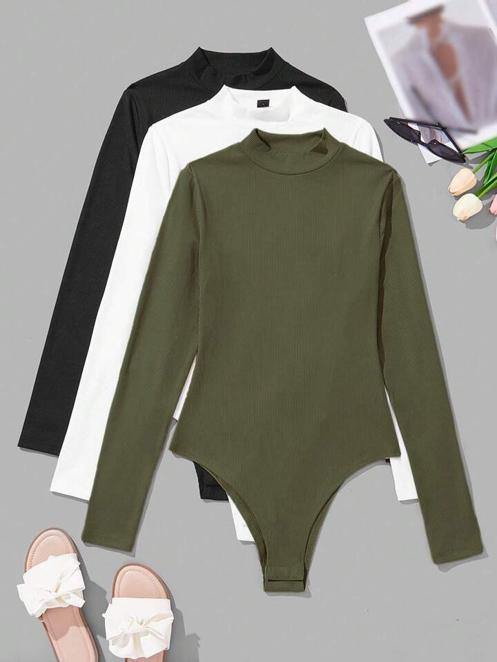 SHEIN Relaxiva 3pcs Solid Mock Neck Bodysuit | SHEIN