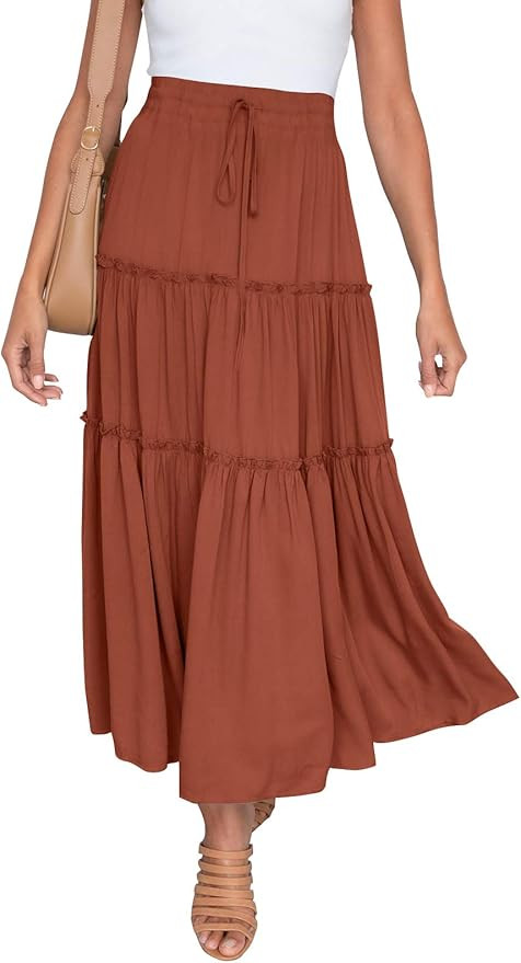 HAEOF Women's Boho Elastic High Waist A Line Ruffle Swing Beach Maxi Skirt with Pockets | Amazon (US)