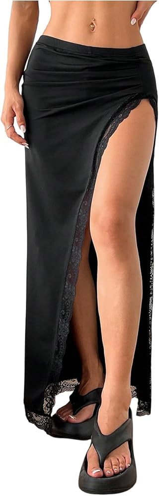 SHENHE Women's High Slit Lace Trim Maxi Skirt Low Rise Ruched Bodycon Summer Long Skirts with Lin... | Amazon (US)
