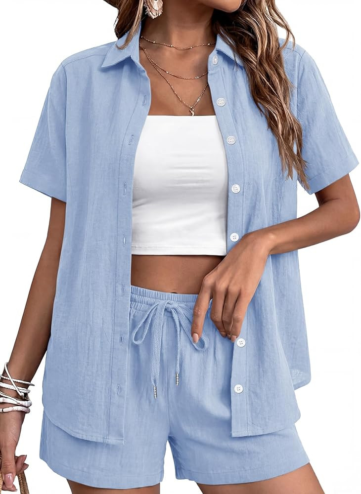 Rapbin Women's 2 Piece Summer Outfits Button Down Short Sleeve Shirt Set, Suitable for Office, Tr... | Amazon (US)