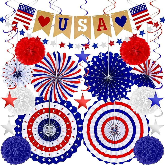 26 PCS 4th of July Decorations, Red White Blue Paper Fans in Patriotic Designs, 4th of July Banne... | Amazon (US)