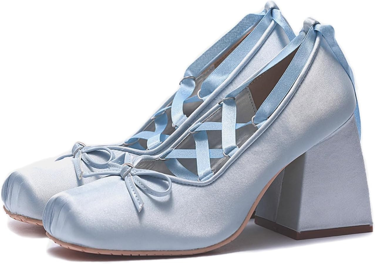 Bellirala Women Ballet Heels Satin Cute Bow Heels Lace Up Square Toe Chunky Block Heel Ballerina ... | Amazon (US)