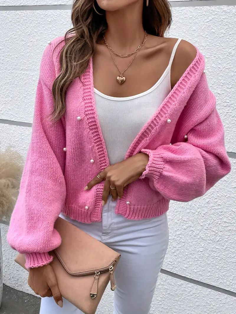 Beaded Open Front Cardigan, Casual Long Sleeve Drop Shoulder Outwear, Women's Clothing | Temu Affiliate Program