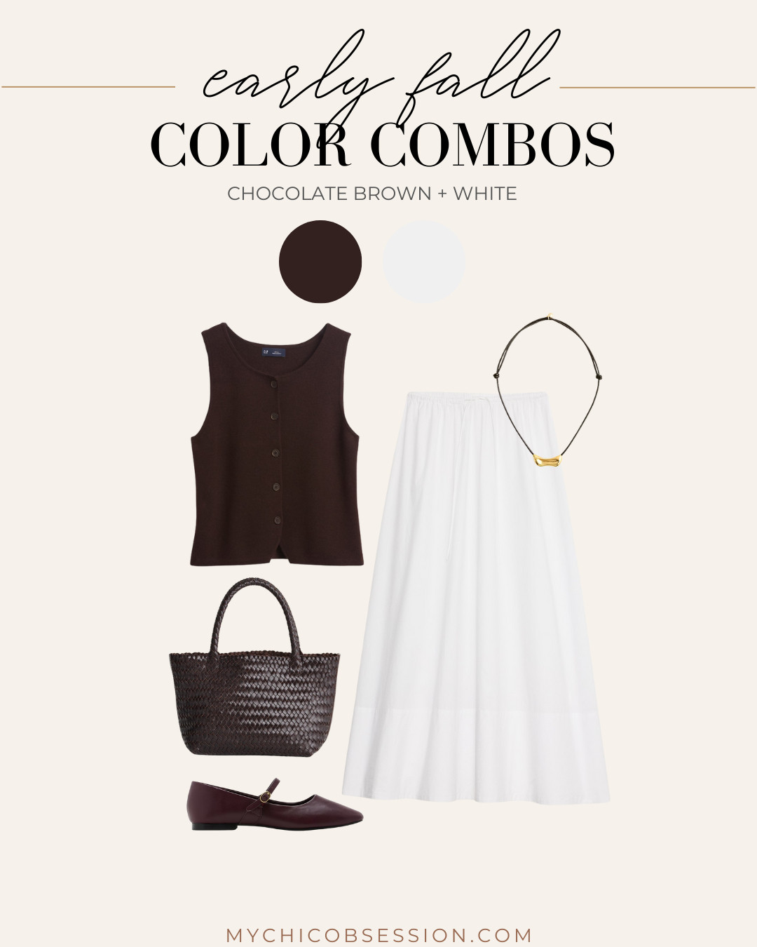 Embrace early fall looks with the right color palette. Try pairing chocolate brown and white to transition your white skirt from summer to autumn outfits. Pair your skirt with a brown vest top, a pendant necklace, a woven bag from Madewell, and chocolate brown Mary Jane flats. 

 #LTKSeasonal #LTKStyleTip #LTKShoeCrush
