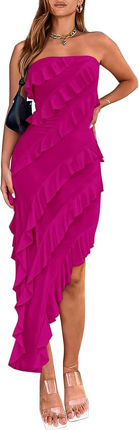 PRETTYGARDEN Women's Summer Long Formal Cocktail Dress Strapless Tube Asymmetrical Ruffle Maxi Bo... | Amazon (US)