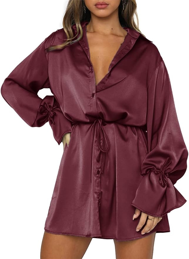 Vrtige Women's Satin Collar V Neck Button Down Tie Waist Long Sleeve Mini Dress | Amazon (US)
