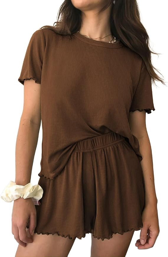 Ekouaer Womens Pajamas 2 Piece Ribbed Knit Pjs Short Sleeve Sleepwear Set Summer Soft Pajamas Set... | Amazon (US)