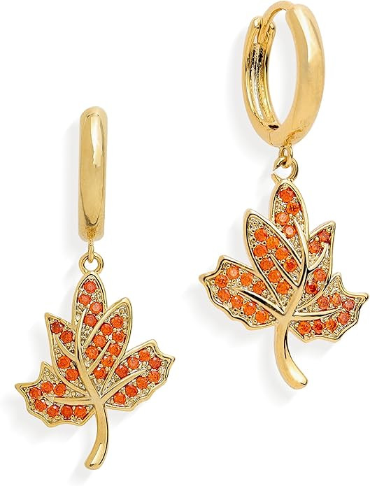 Sonateomber Fall Maple Leaf Dangle Drop Small Gold Hoop Earrings for Women, Cute Sparkly Orange C... | Amazon (US)