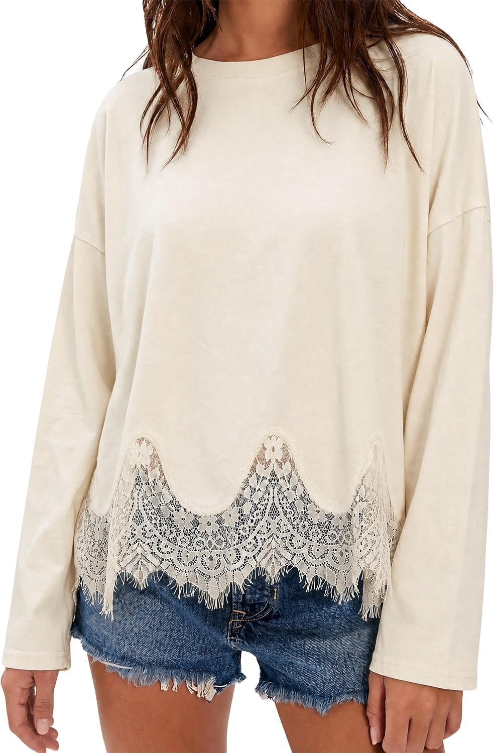 Tankaneo Womens Long Sleeve Lace Tops Oversized Crew Neck Casual T Shirts | Amazon (US)