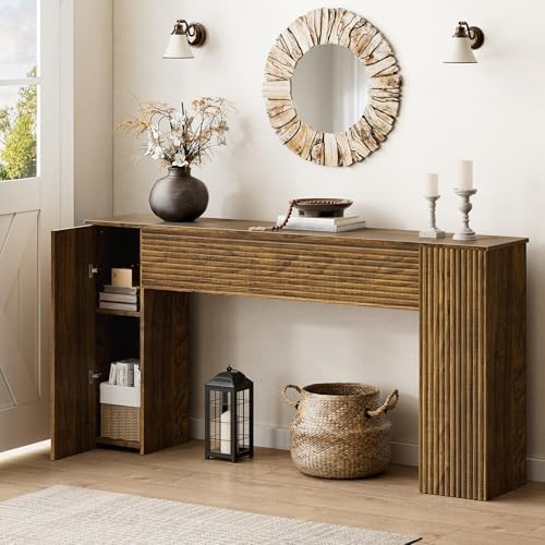 FABATO 61'' Fluted Long Console Table, Wooden Rectangular Sofa Table Behind The Couch, Narrow Ent... | Amazon (US)