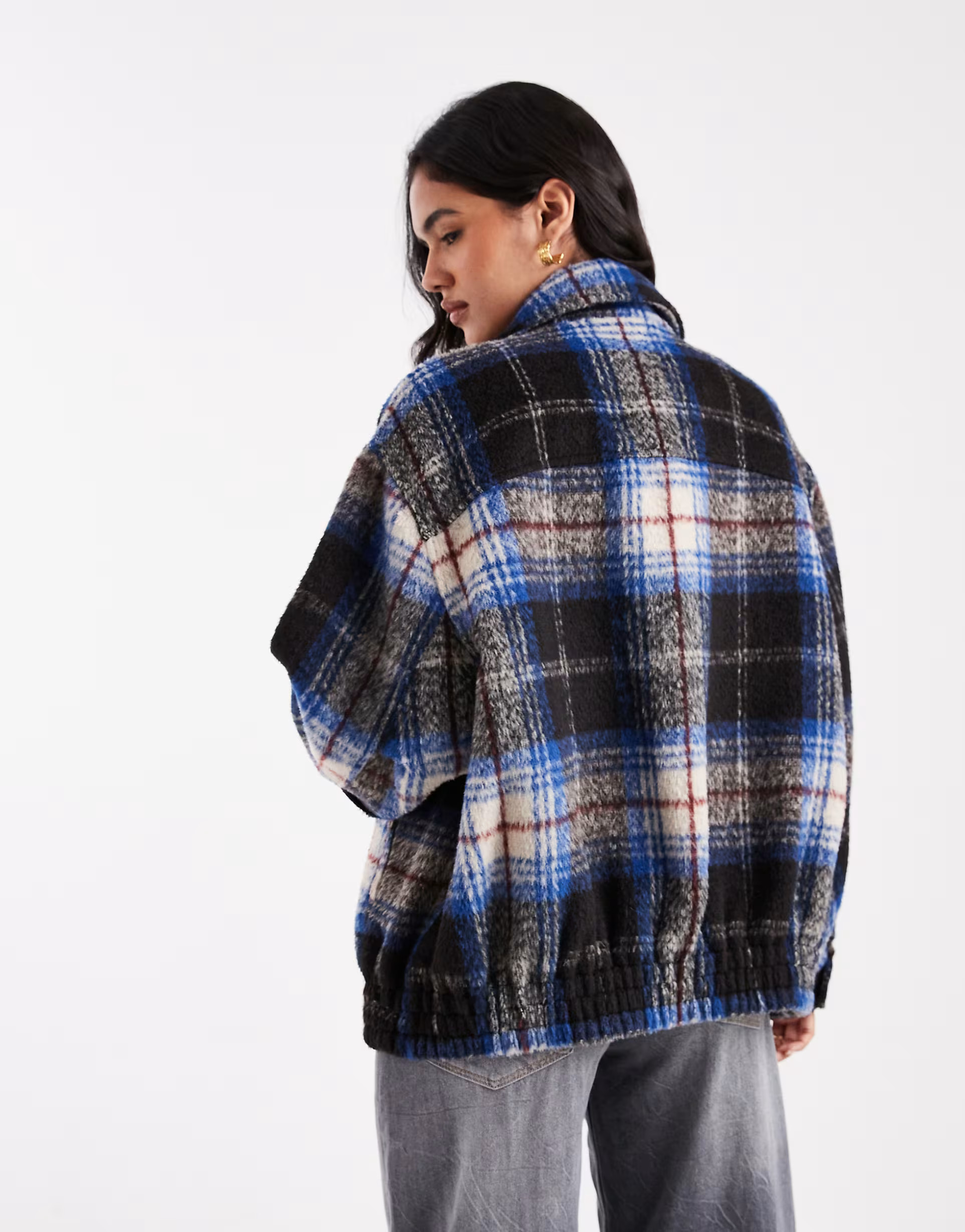 ASOS DESIGN top collar bomber jacket with wool in blue and black plaid | ASOS (Global)