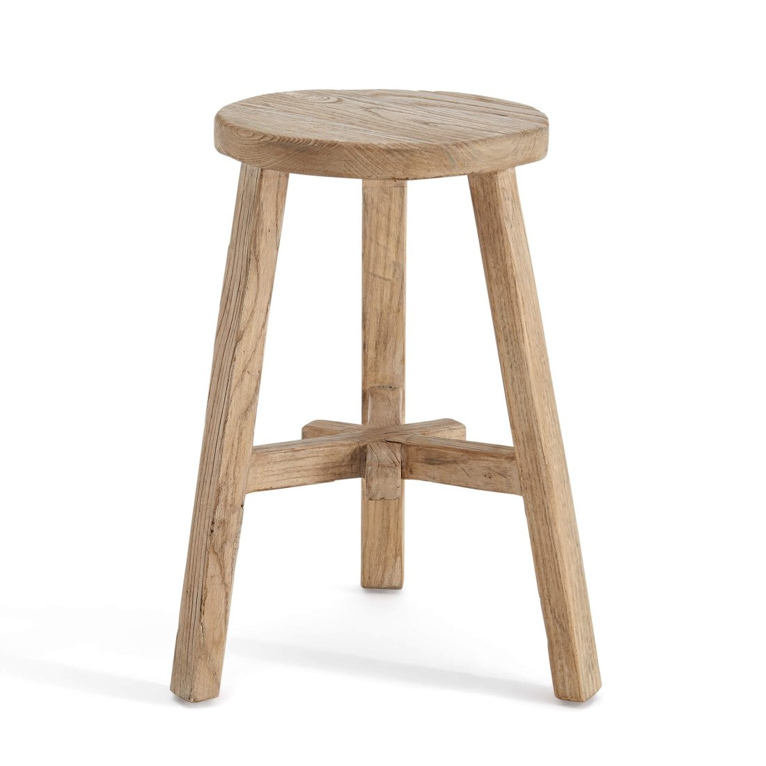 EM Wabisabi Rustic Round Three-Legged Reclaimed Wood Dining Stool / Reclaimed Wood Natural Almond | Eternity Modern