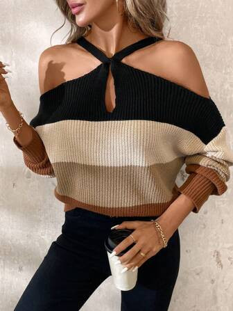 SHEIN Clasi Casual Striped Contrast Color Turtleneck Sweater, Fall Winter Women Sweater Off The S... | SHEIN