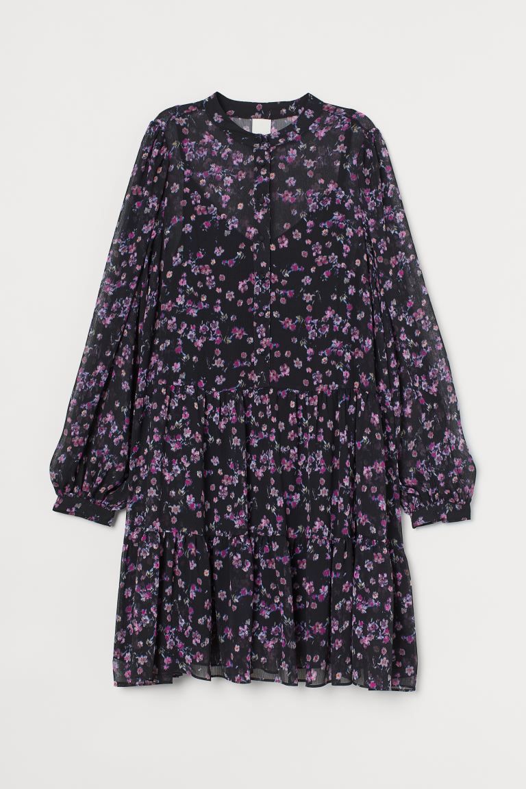 Short, A-line dress in crinkled chiffon. Band collar, covered buttons at top, long puff sleeves, ... | H&M (US)