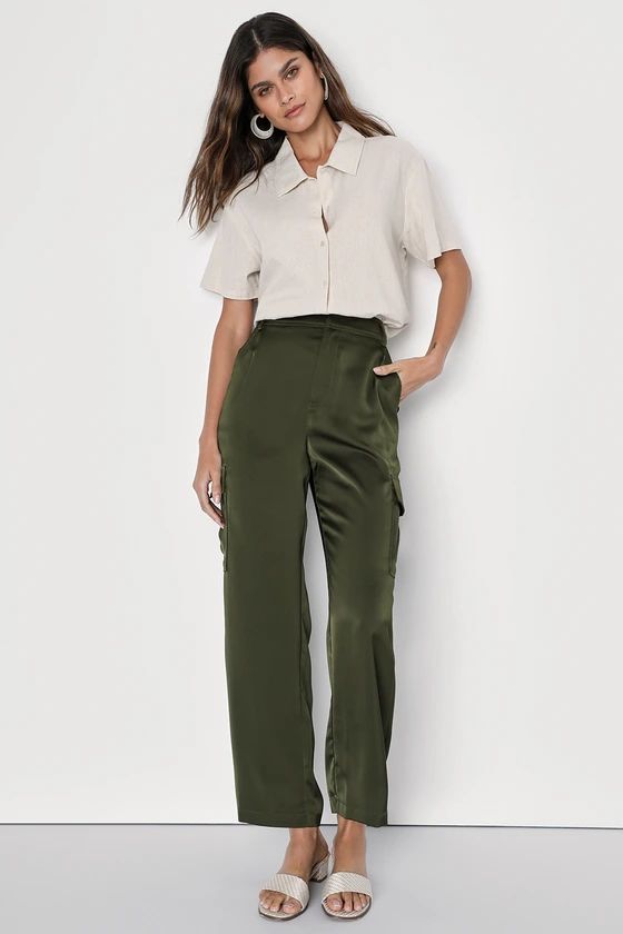 Savvy Outlook Olive Green Satin Cargo Pants | Lulus (US)