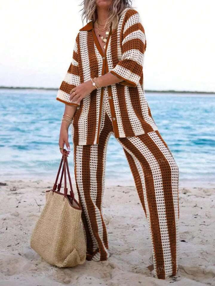 Holiday Wear Summer Fashion Casual Vacation Seaside Beach Elegant Stripes Color Block Oversized Buttons Comfortable Cardigan Sweater Lapel Casual Design Hollowed Out Short Sleeve Pants Women's Knit Two-Piece Suit | SHEIN