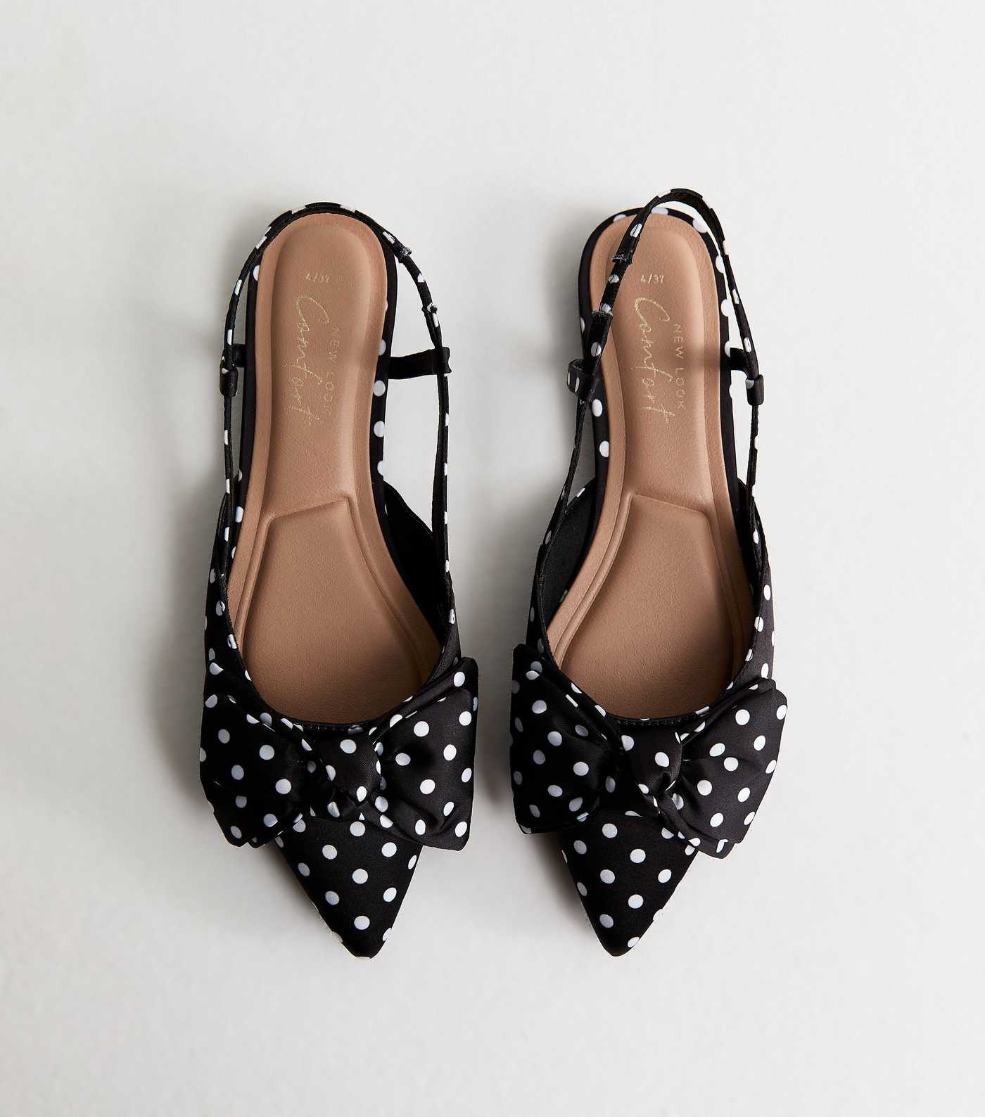 Black Polka Dot Satin Bow Embellished Slingback Flats | New Look | New Look (UK)