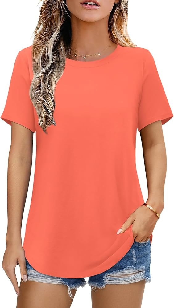 Elesomo Womens Shirts Casual Crew Neck Short/Long Sleeve Tunic Tops Tees | Amazon (US)