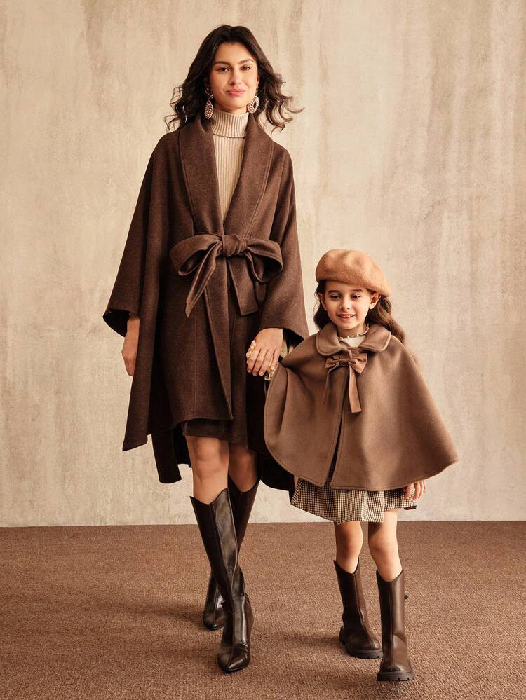 Anewsta Young Girl' Brown Woolen Cloak Poncho Outerwear, Fashionable Shawl Collar Matching Family Outfit, Autumn/Winter | SHEIN