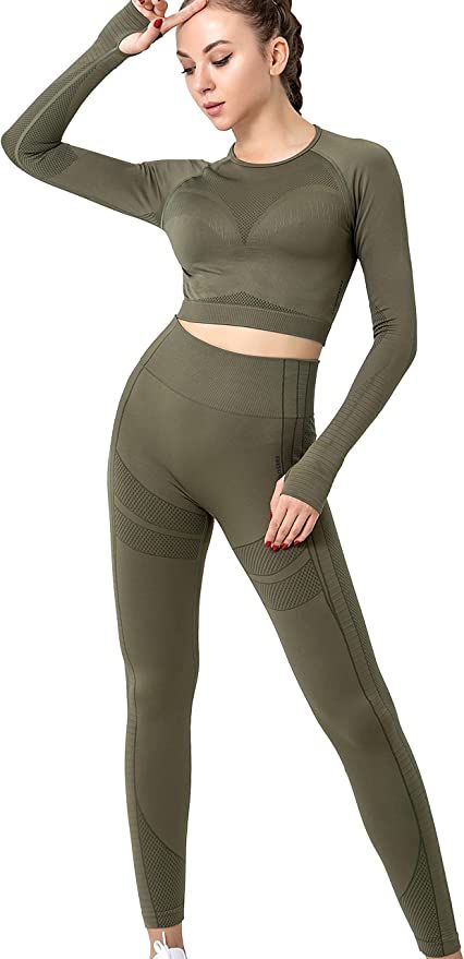 FRESOUGHT Workout Sets for Women 2 Piece Seamless Longsleeve Crop Top and High Waist Leggings Yog... | Amazon (US)