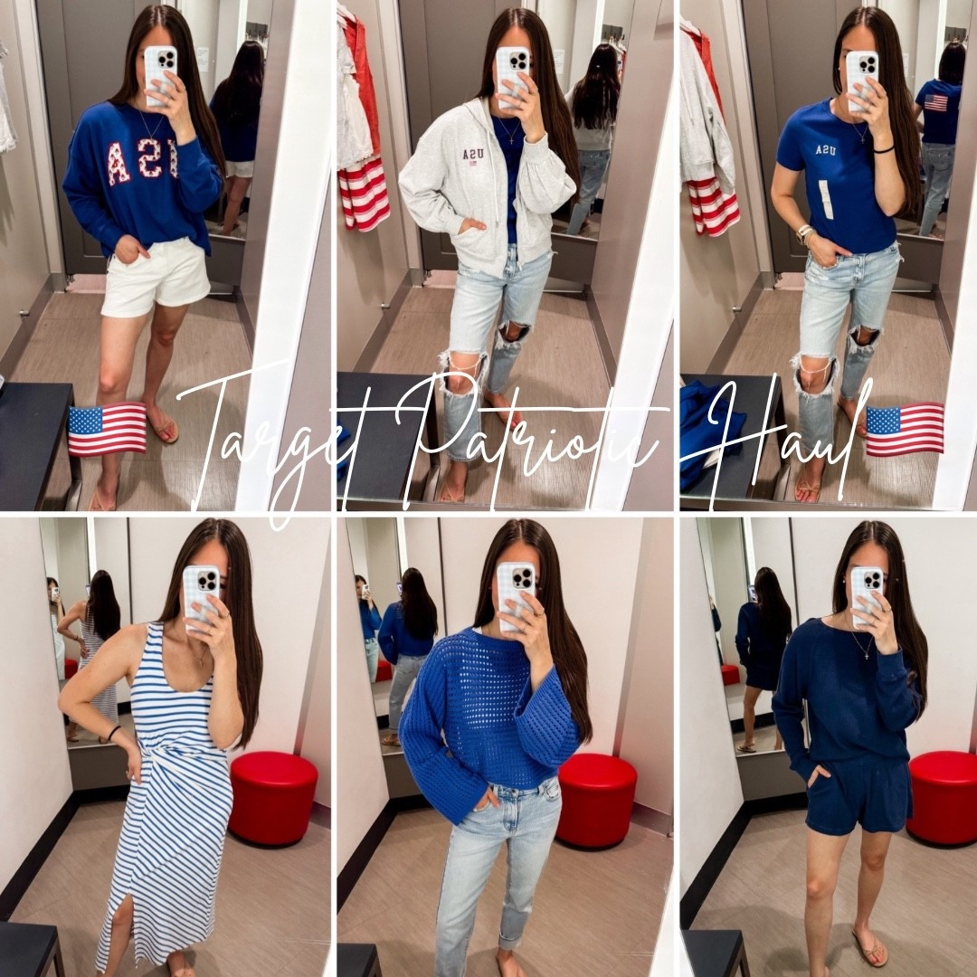 Target patriotic haul! @Target 
USA sweatshirt size small 
White denim shorts tts 
USA zip hoodie 
USA t shirt XS 
Denim tts 
Dress XS 
Blue top XS 
Waffle knit set XS in both

#LTKgrwm #LTKmomlife #LTKootd