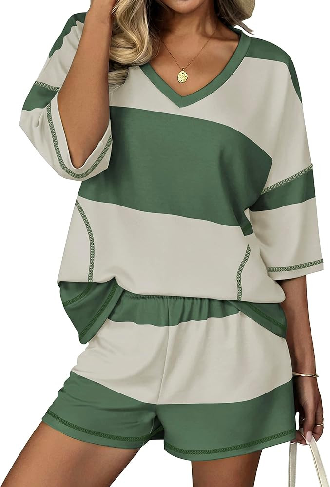 Ekouaer Two Piece Sets for Women Summer Lounge Sets 2026 Striped Shirts and Shorts Set Oversized ... | Amazon (US)