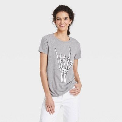 Women's Halloween Skeleton Rocker Short Sleeve Graphic T-Shirt - Gray | Target