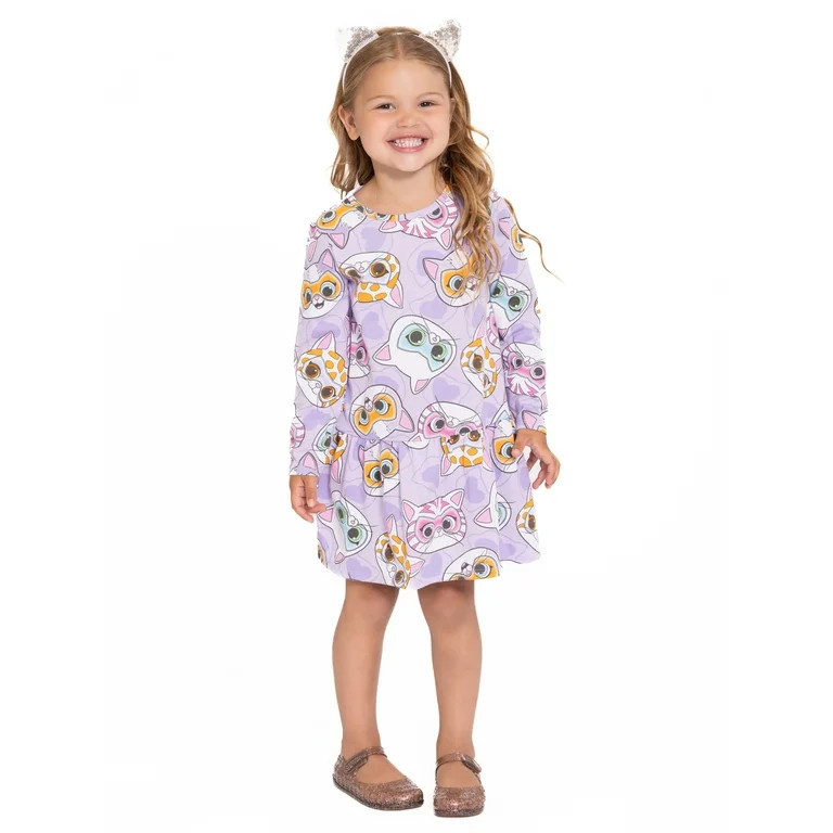 Super Kitties Toddler Girl Long Sleeve Drop Waist All Over Print Dress, Sizes 12M-5T | Walmart (US)