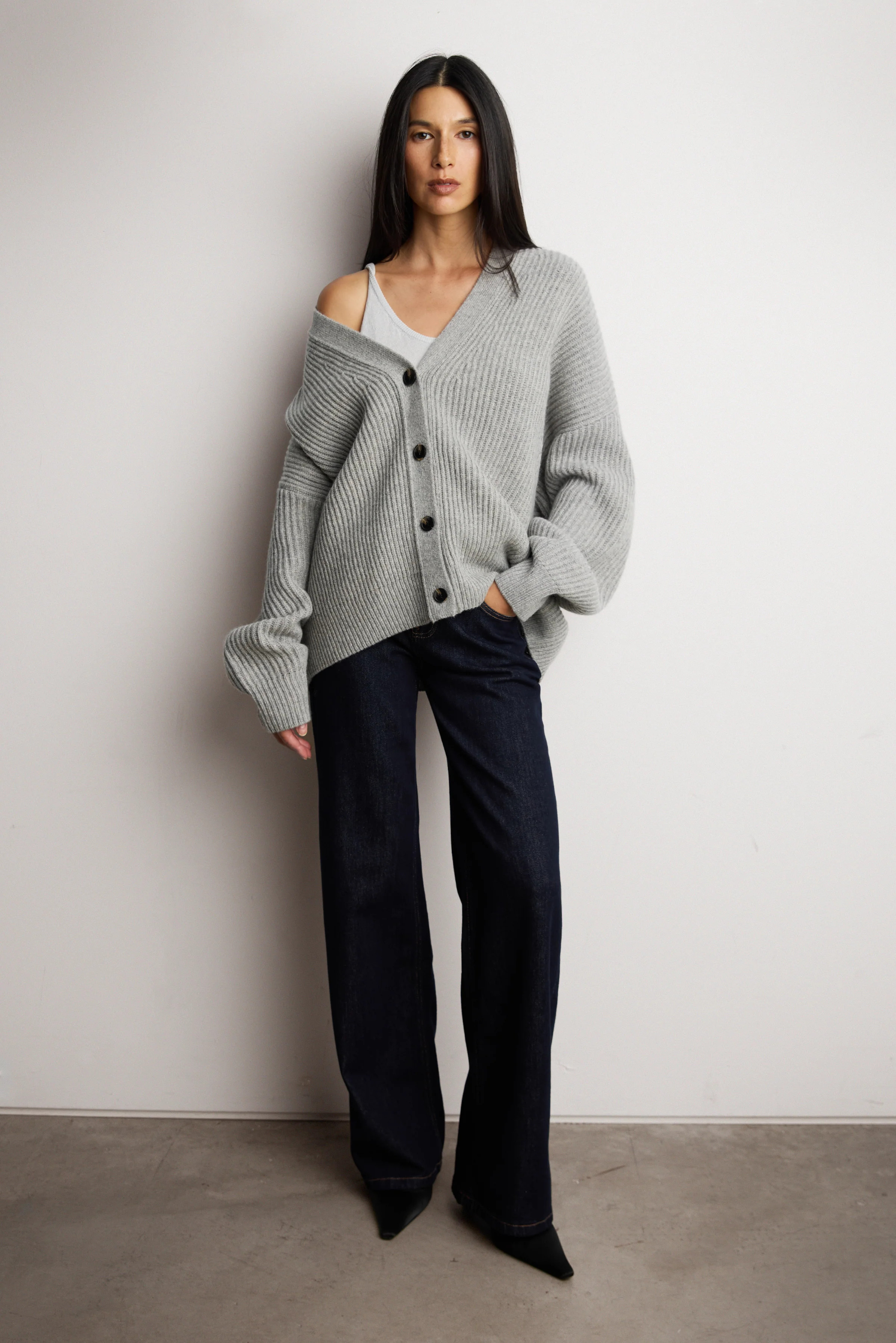 OVERSIZED WOOL BUTTON FRONT CARDIGAN Light Heather Grey / Small Medium | OAK + FORT