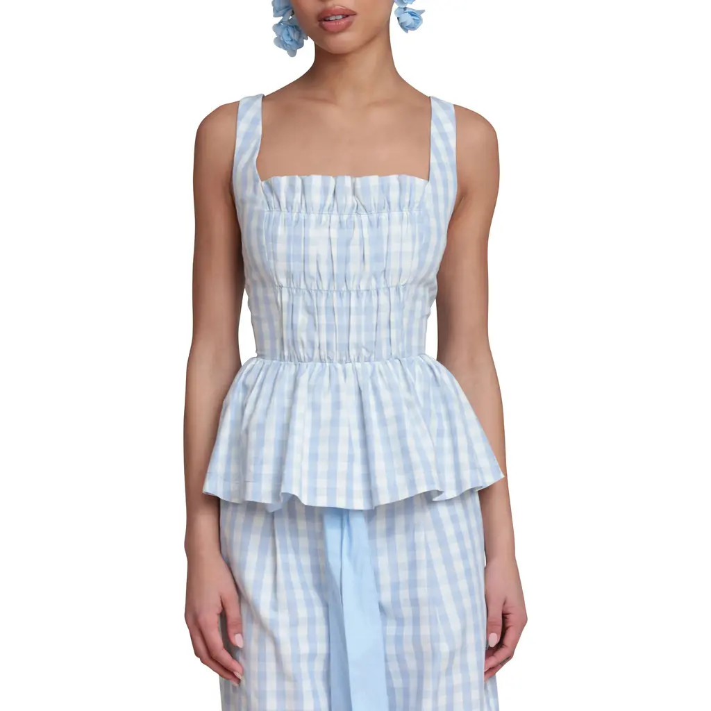 Avec Les Filles Gingham Peplum Top in Light Blue Gingham at Nordstrom, Size Medium | Nordstrom