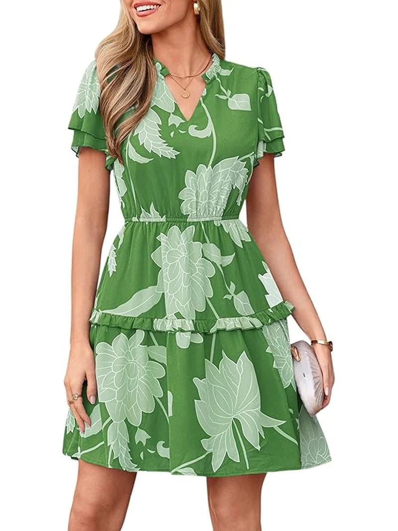 PRETTYGARDEN Womens Summer Floral Mini Dress Trendy Ruffle Short Sleeve V Neck Flowy A Line Short... | Walmart (US)