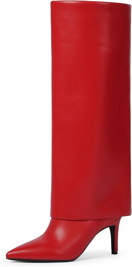 Knee High Boots Women Fold Over Boots Pointed Toe Stiletto Heel Long Shark Tall Boots with Zipper | Amazon (US)