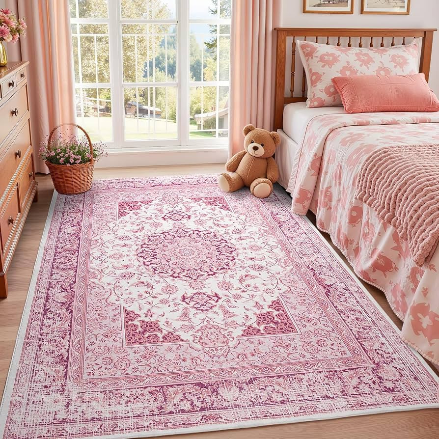 Macgace Washable Vintage Area Rug for Living Room, 5x7 Rugs Bright Pink | Amazon (US)