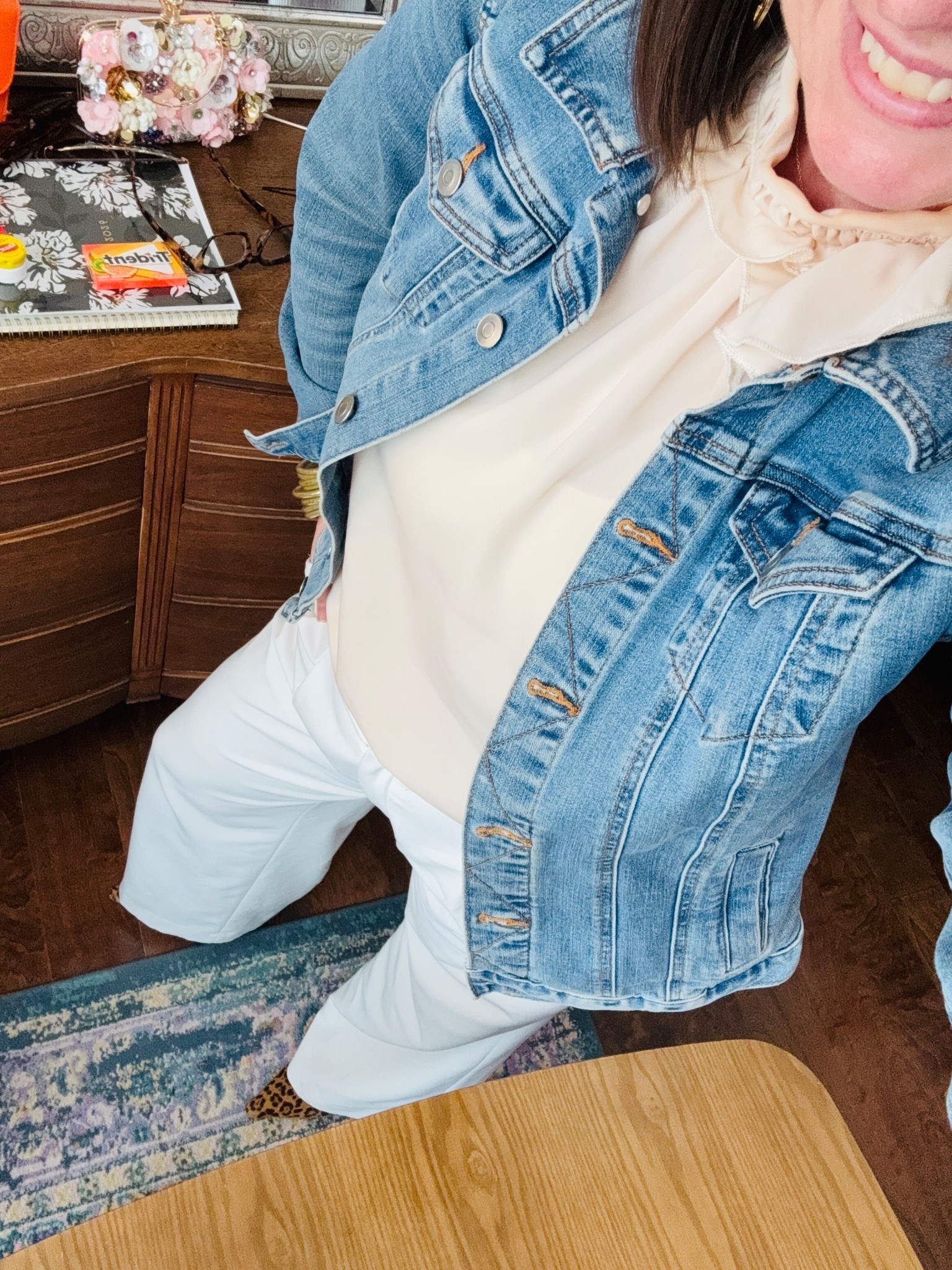 This peach ruffle top and white trousers with leopard heels turned out so much cutter than I had planned once I added the jean jacket 💕💕

#LTKootd #LTKTall #LTKOver40