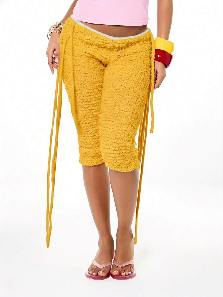 SUMWON WOMEN Crochet Textured Capri Pants With Side Tie Details And Tassel Accents Knee Length Su... | SHEIN